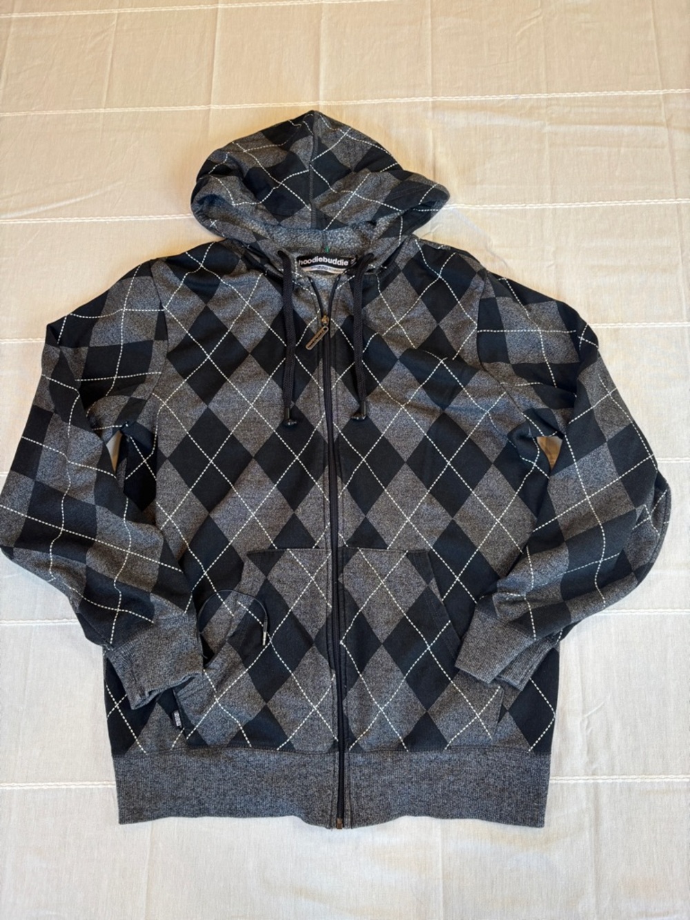 HoodieBuddie Argyle Zip Up Hoodie with Built-in Headphones - XL